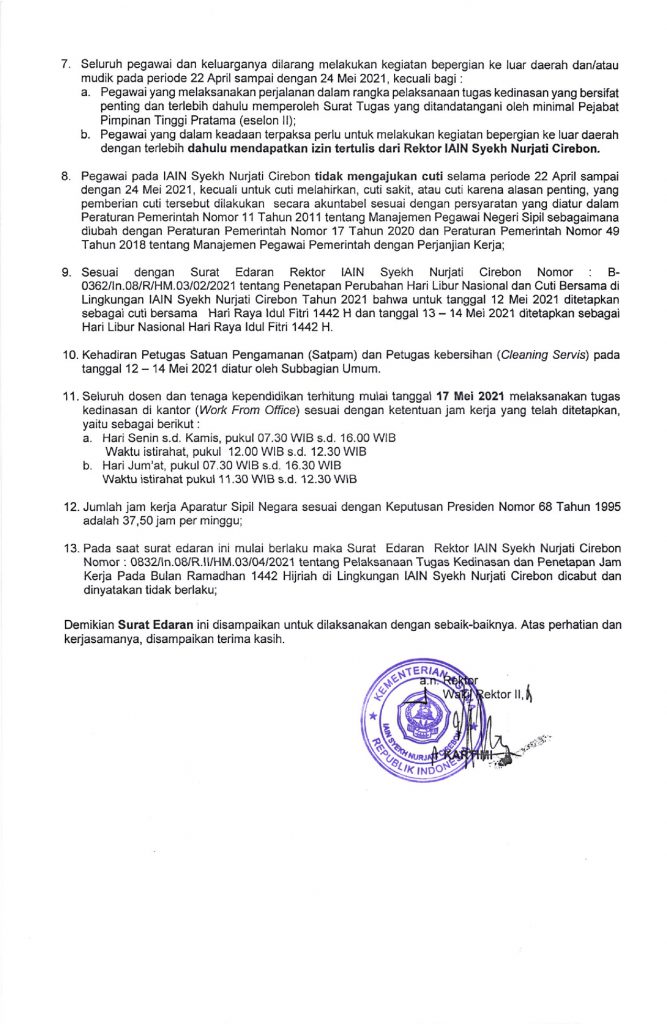 SE WFO DAN PEMBATASAN KEGTATAN BEPERGIAN KE LUAR DAERAH DAN/ATAU MUDIK DAN/ATAU CUTI BAGI PEGAWAI PADA IAIN SYEKH NURJATI CIREBON
