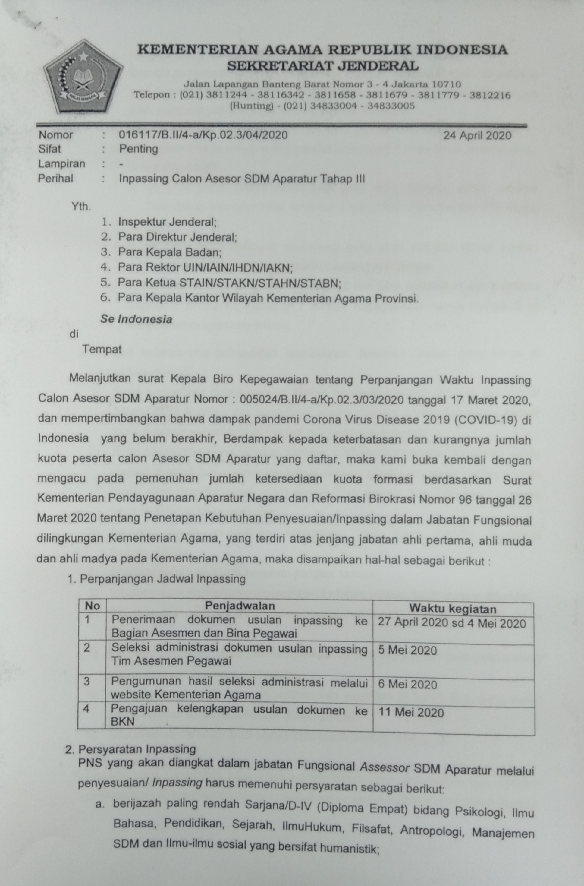 PERPANJANGAN WAKTU INPASING CALON ASESOR "SDM" APARATUR TAHAP III