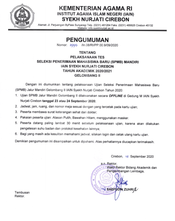 Pengumuman Pelaksanaan Tes SPMB Mandiri Gelombang II