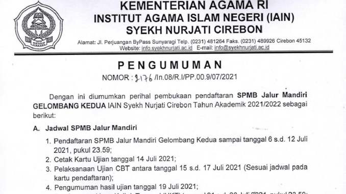 Pengumuman SPMB Mandiri Gelombang II IAIN Syekh Nurjati Cirebon tahun 2021