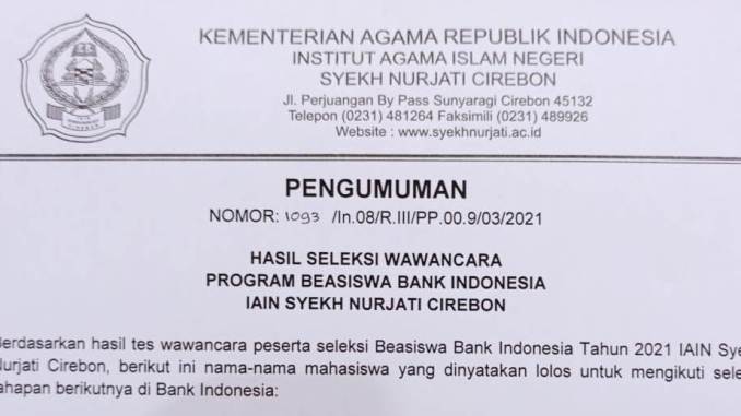 PENGUMUMAN HASIL SELEKSI BEASISWA BI IAIN SYEKH NURJATI CIREBON