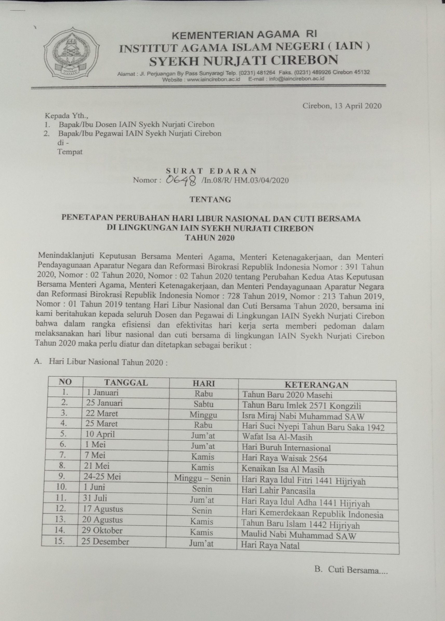 SURAT EDARAN PENETAPAN PERUBAHAN HARI LIBUR NASIONAL DAN CUTI BERSAMA DI LINGKUNGAN IAIN SNJ CIREBON