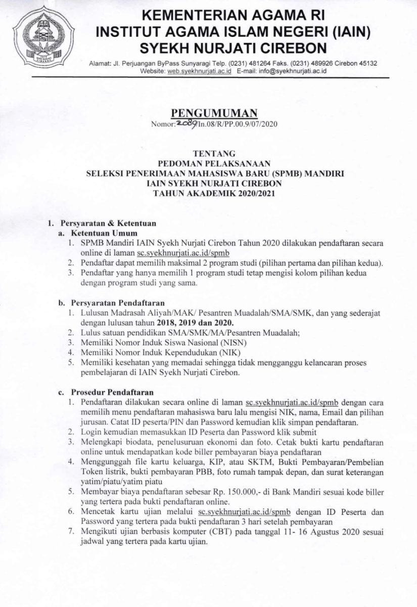 Pengumuman Seleksi SPMB Mandiri IAIN Syekh Nurjat i cirebon tahun 2021
