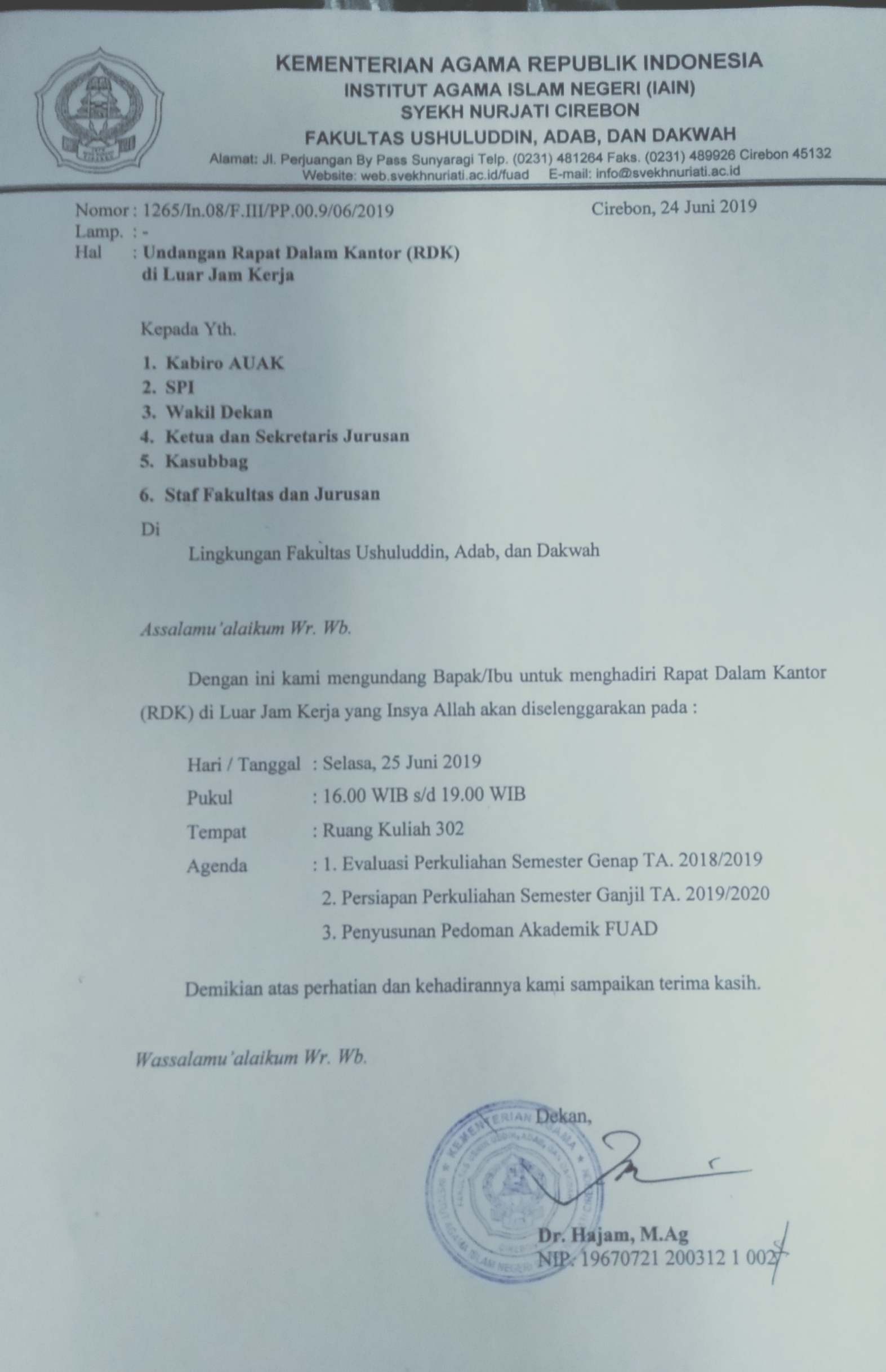 RAPAT DALAM KANTOR (RDK) DI LUAR JAM KERJA
