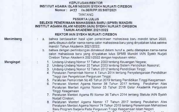 Pengumuman Kelulusan SPMB Mandiri IAIN Syekh Nurjati Cirebon Tahun 2021