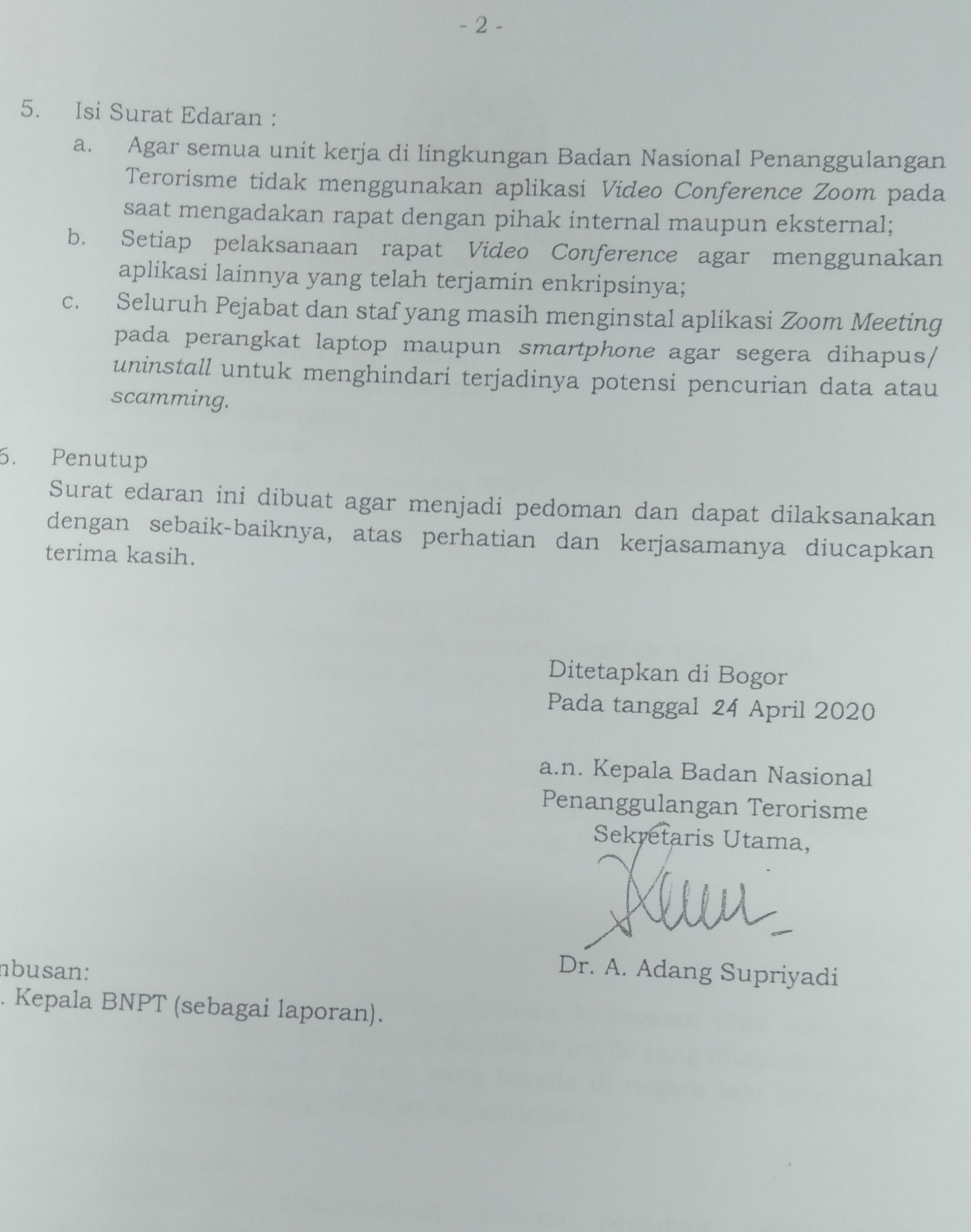 SURAT EDARAN LARANGAN PENGGUNAAN APLIKASI VIDIO CONPERENCE ZOOM
