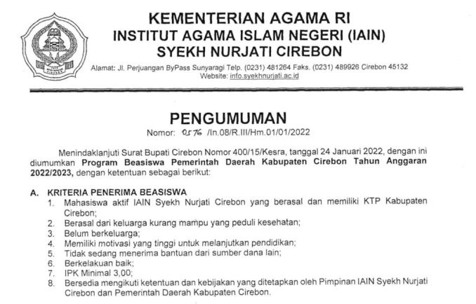 Pengumuman Program Beasiswa Pemerintah Daerah Kabupaten Cirebon Tahun Anggaran 2022/2023Pengumuman Program Beasiswa Pemerintah Daerah Kabupaten Cirebon Tahun Anggaran 2022/2023