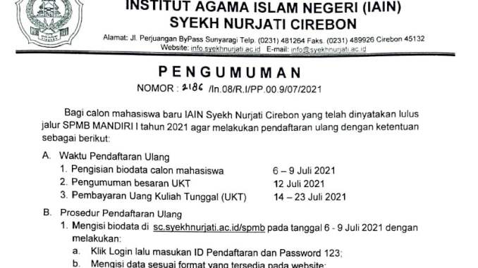 Pengumuman Registrasi SPMB Mandiri IAIN Syekh Nurjati Cirebon