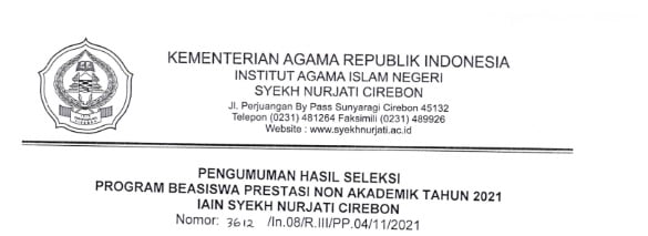 Pengumuman Hasil Seleksi Program Beasiswa Prestasi Non-Akademik Tahun 2021 IAIN Syekh Nurjati Cirebon