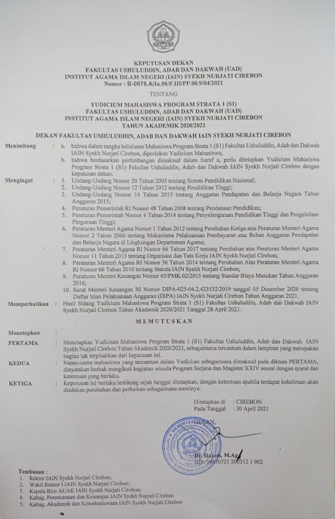 YUDICIUM MAHASISWA PROGRAM STRATA  1 (S1)  30 APRIL 2021