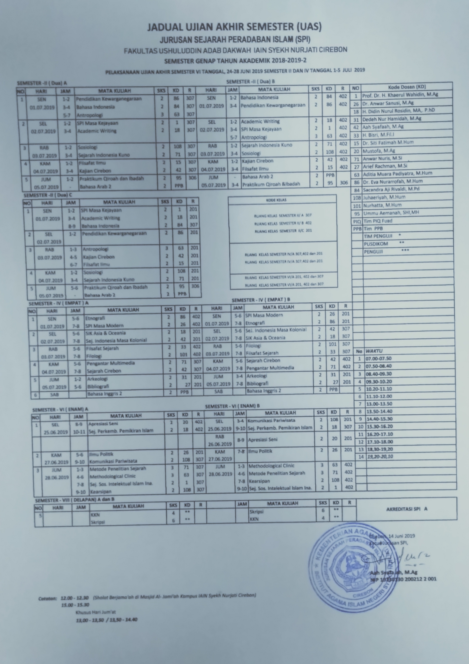 JADUAL UJIAN AKHIR SEMESTER JURUSAN SEJARAH PERADABAN ISLAM (SPI)
