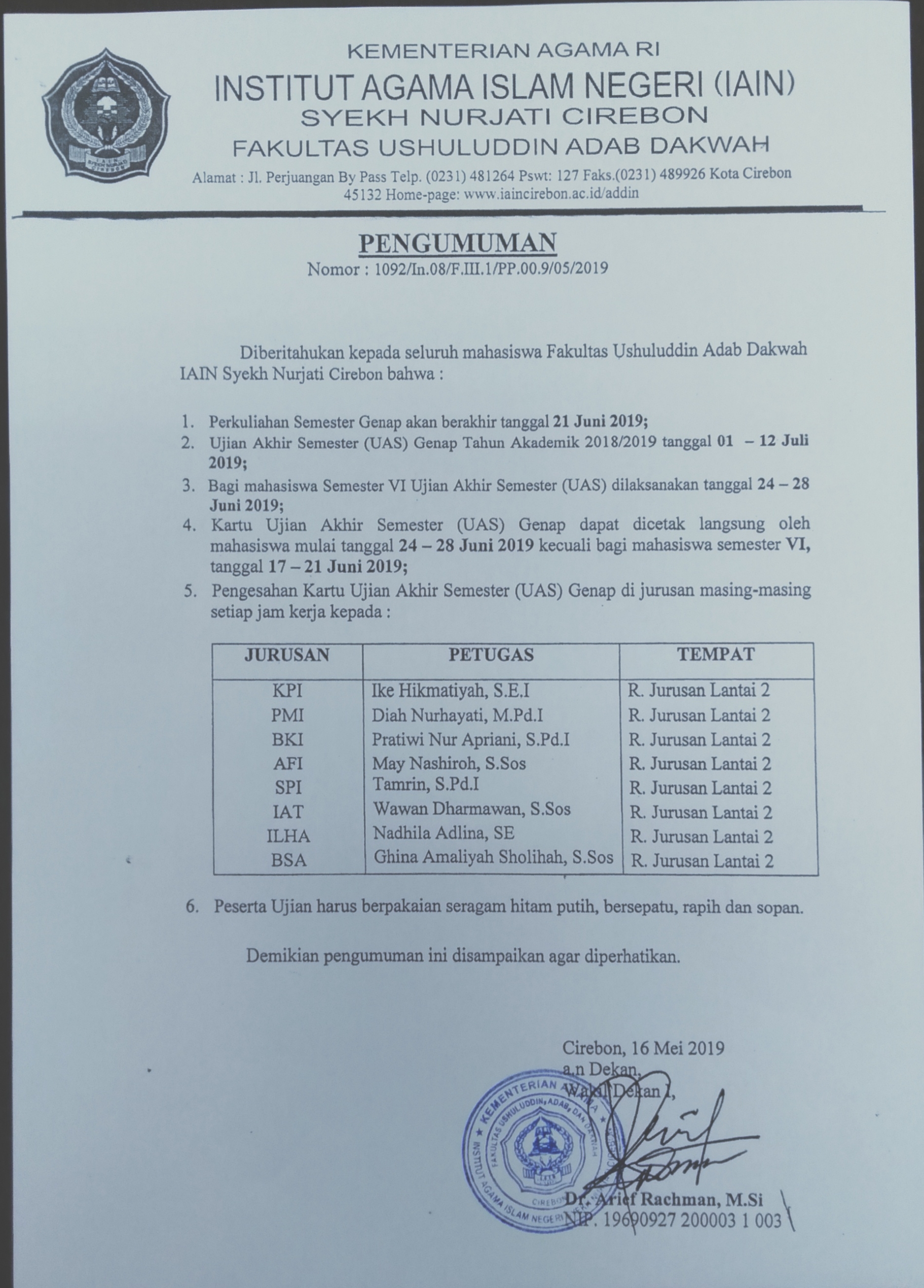 PENGUMUMAN DAN PELAKSANAAN MINGGU TEKUN DAN UAS GENAP 2018-2019