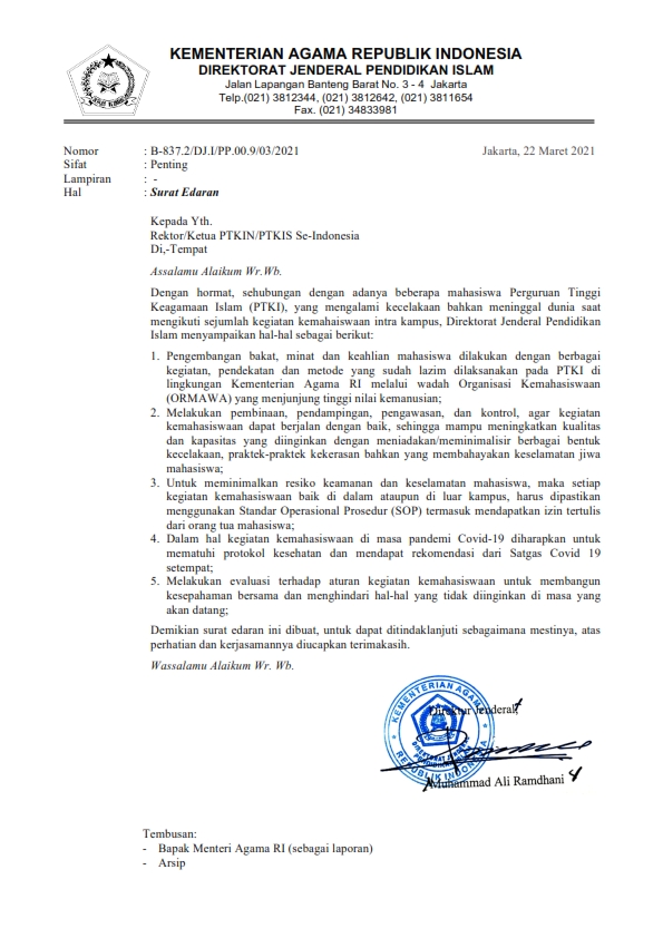 Surat Edaran Dirjen Pendis tentang Kegiatan Kemahasiswaan