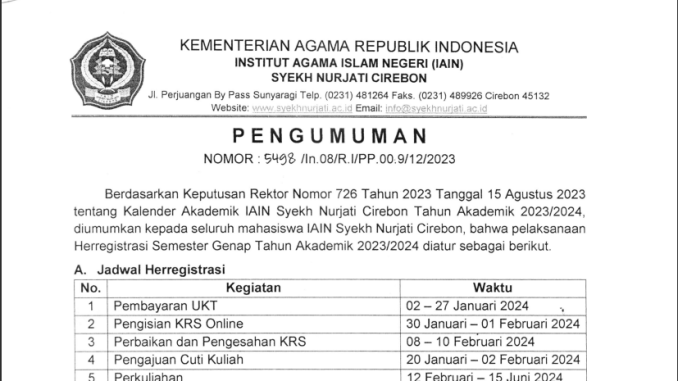 PENGUMUMAN JADWAL HERREGRITRASI SEMESTER GENAP 2023-2024
