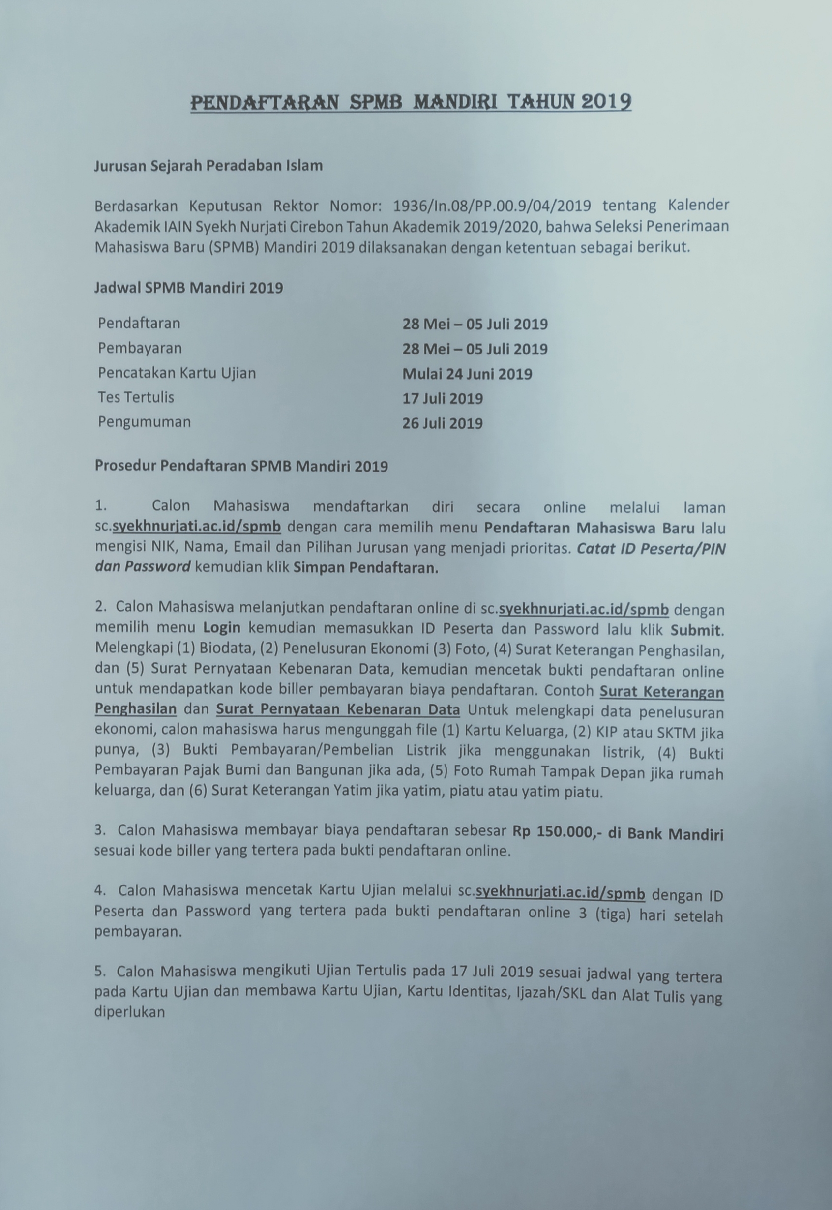 PEMBERITAHUNAN PENDAFTARAN SPMB MANDIRI TAHUN 2019