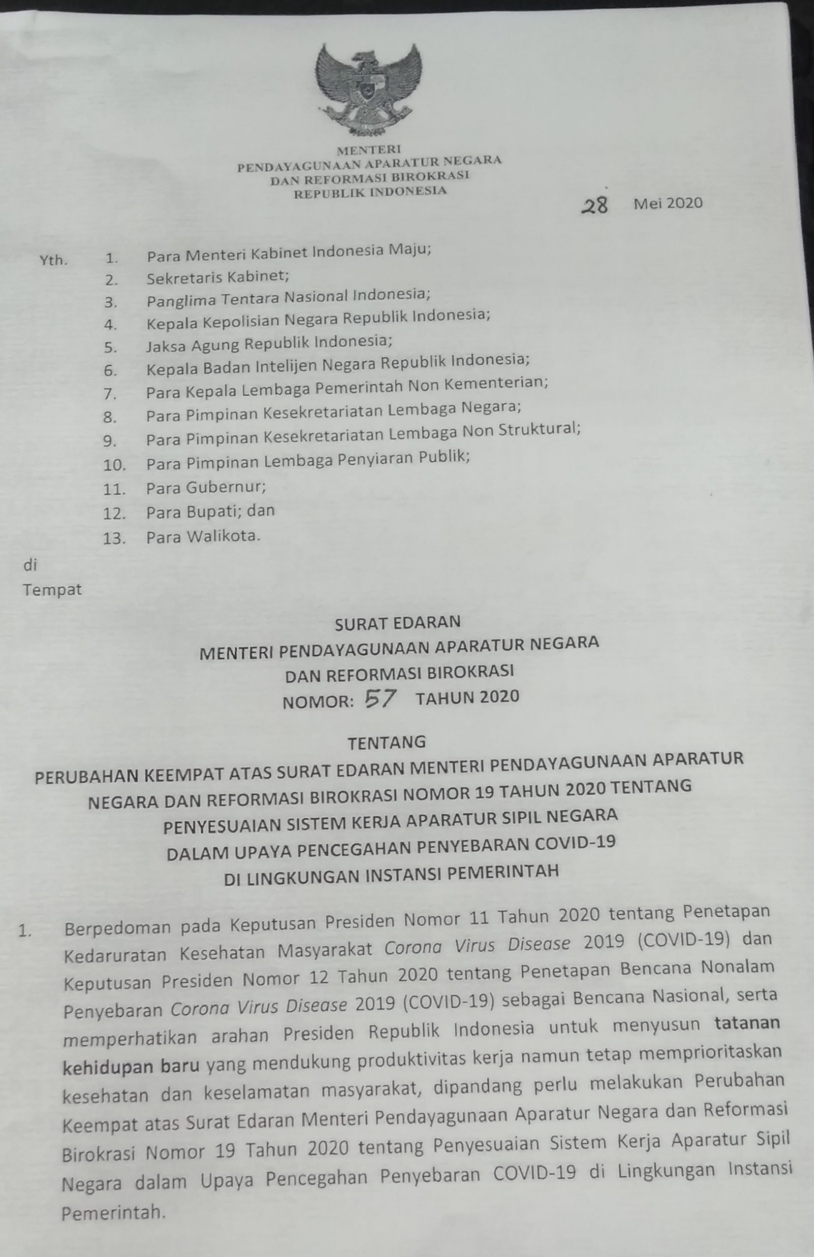 Surat Edaran Menteri Pendayagunaan Aparatur Negara dan Reformasi Birokrasi Tentang Peyesuaian Sistem Kerja Sipil di Lingkungan Pemerintah