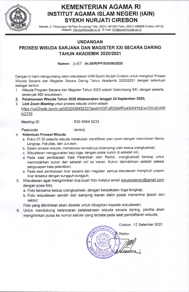 Undangan Wisuda Sarjana dan Magister Secara Daring Tahun 2020