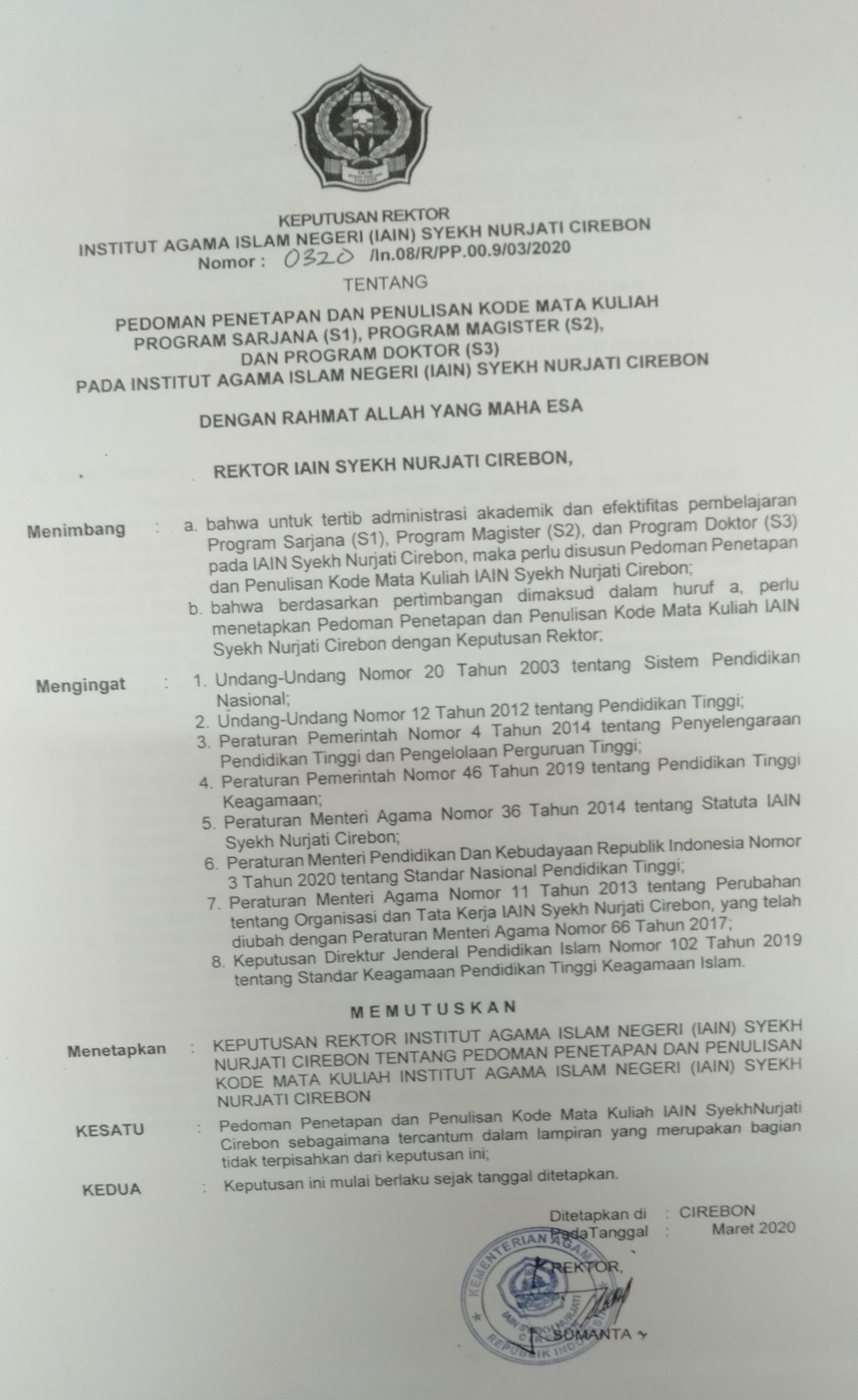 SK. PEDOMAN PENETAPAN DAN PENULISAN KODE MATA KULIAH PROGRAM SARJANA (S.1,S2 DAN S.3)