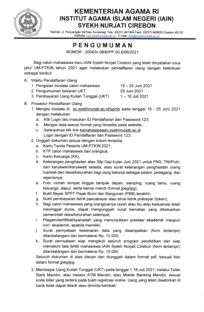 Pendaftaran Ulang Calon Mahasiswa Jalur UM-PTKIN 2021