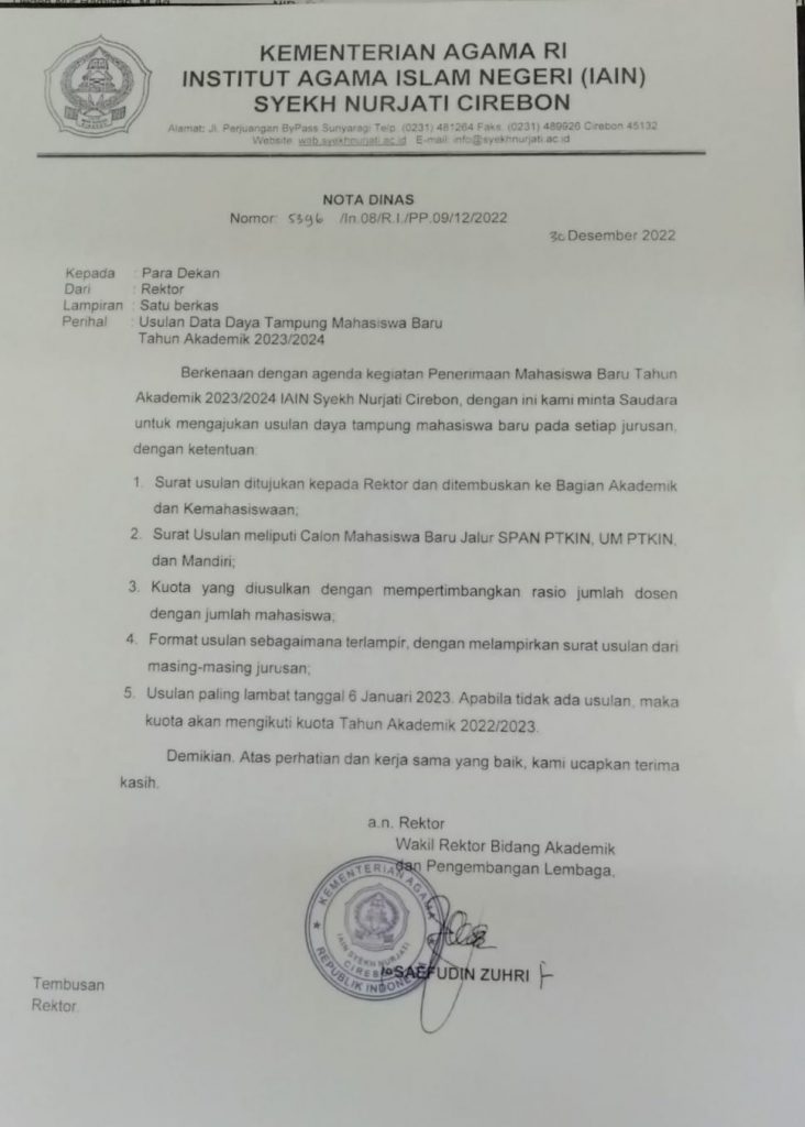 PEMBERITAHUAN USULAN DATA DAYA TAMPUNG MAHASISWA BARU TA. 2023-2024